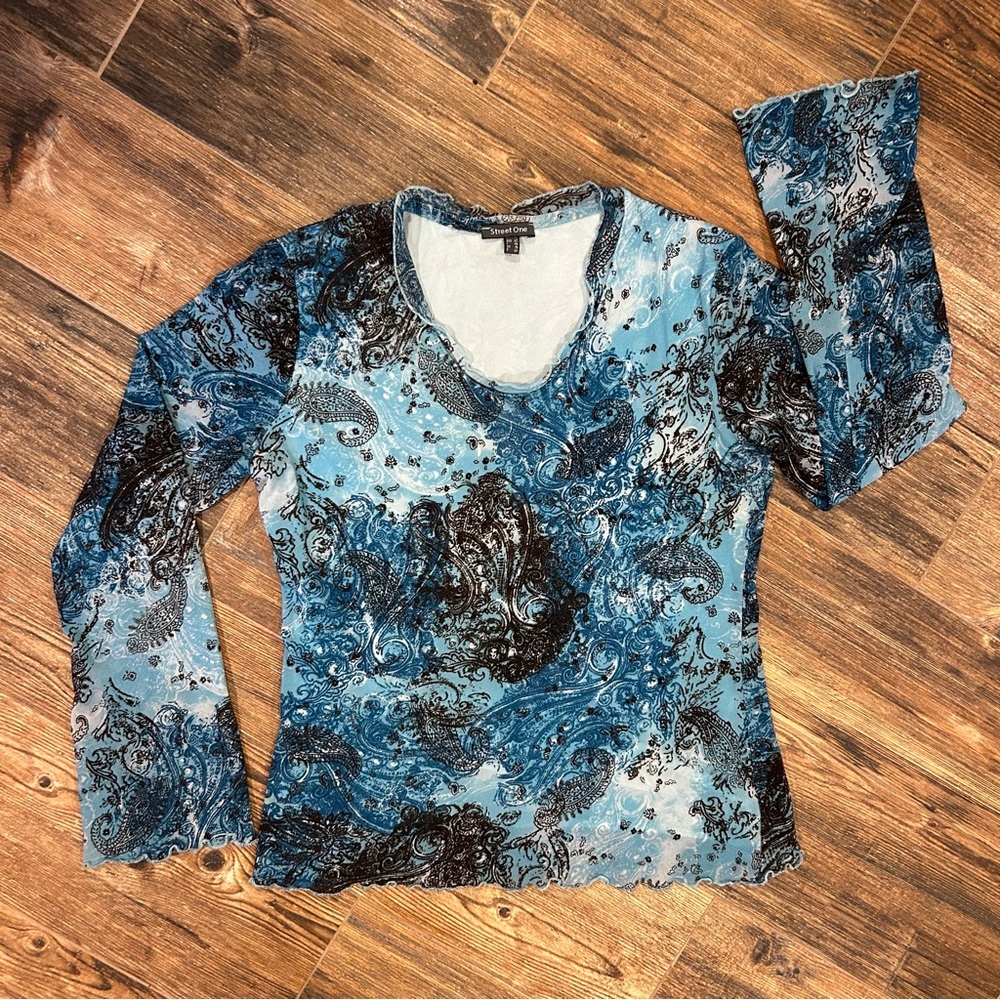 Street One Paisley Mesh Top – Blue Boho Long Sleeve | Size L (EU 42)